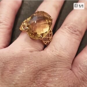 Gold Plated Citrine Ring 15 Carat Checkerboard Cut